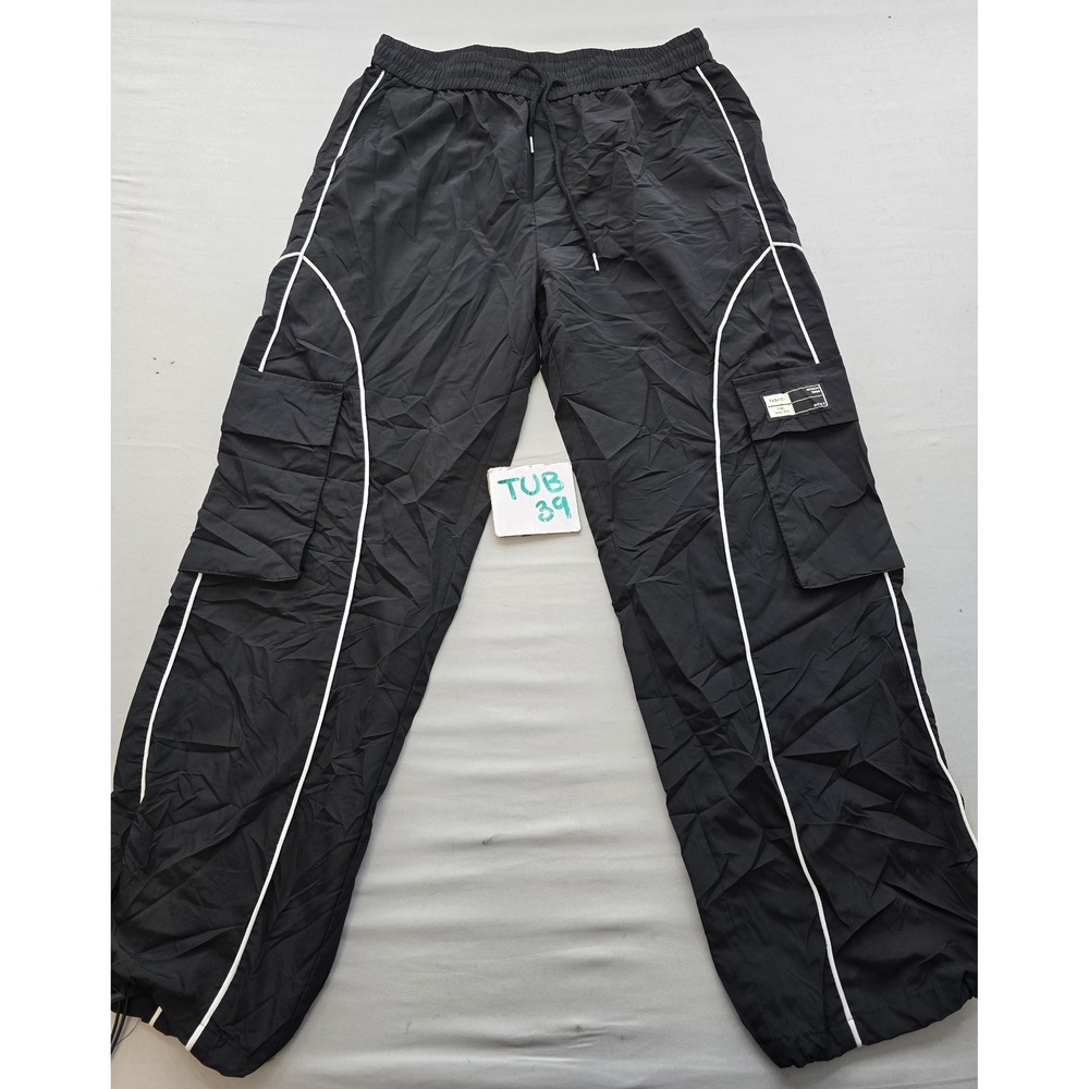 Shein Mens Black Cargo Track Pants White Piping Joggers Large Streetwear Tech